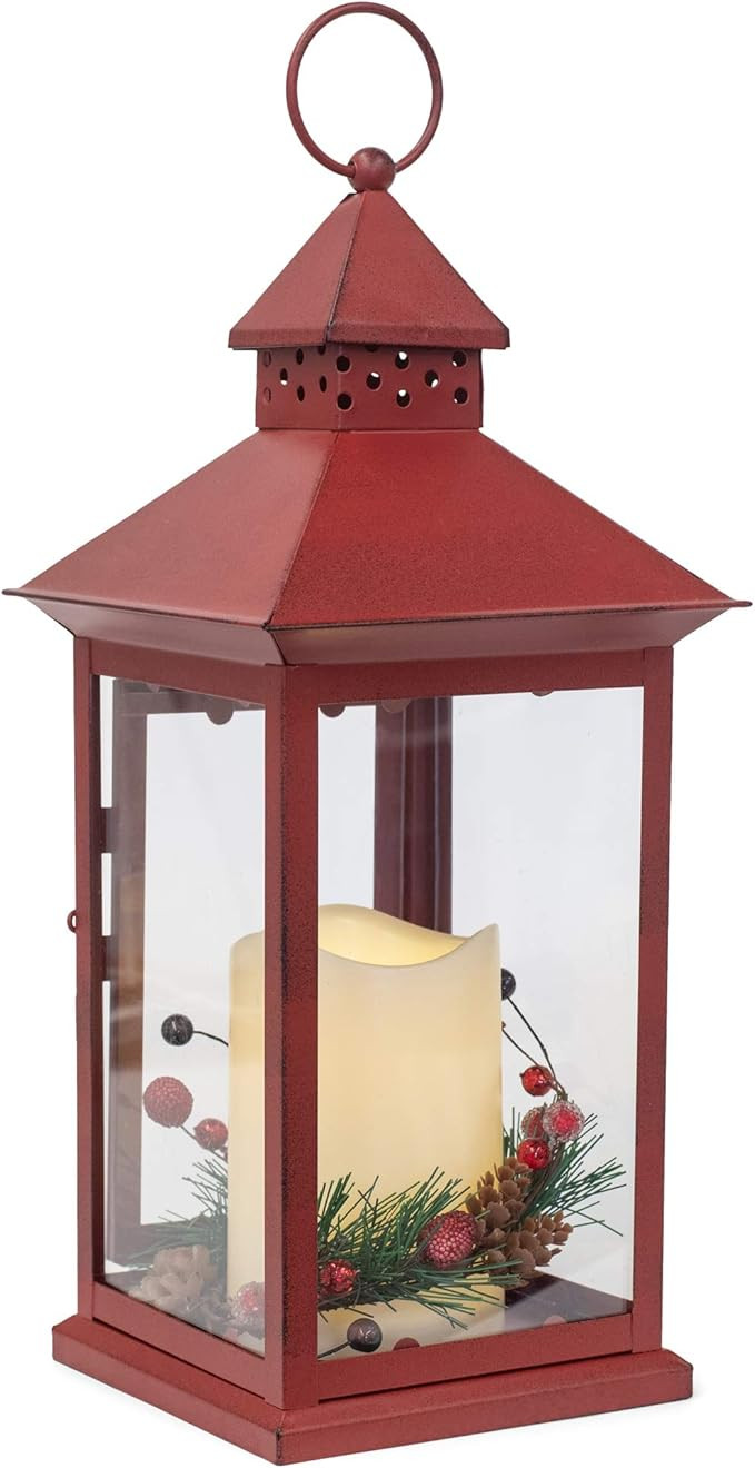 Red Holly Berry and Pine Look Distressed 13.5 Inch Metal Decorative Hanging Lantern | Amazon (US)