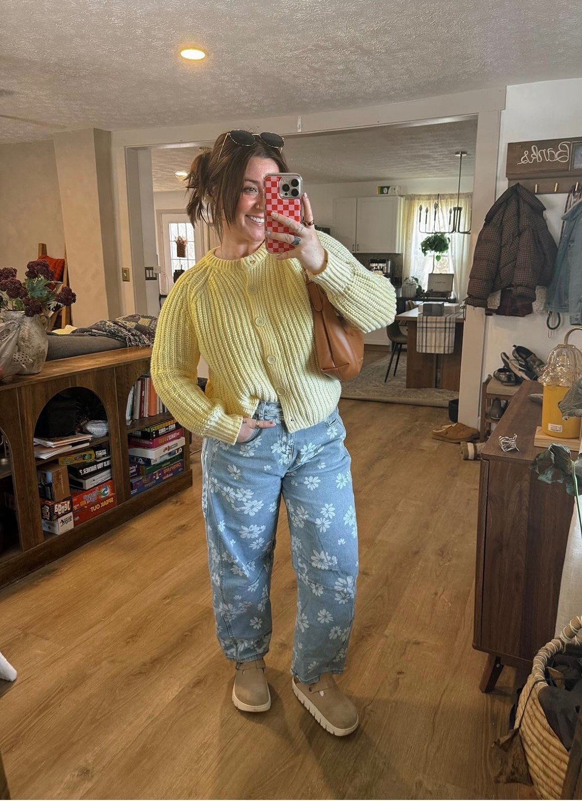 Loving this comfy, chunky butter yellow cardigan with a floral barrel jean combo! Perfect for a casual coffee outfit! wearing medium in cardigan, TTS in barrel + clogs! 5'1 size 8/10

#LTKSeasonal #LTKMidsize #LTKootd