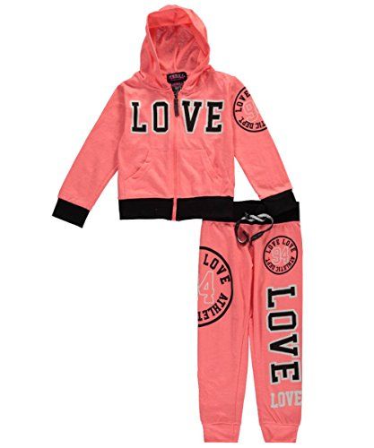 Thrill Little Girls' "Love Wild" 2-Piece French Terry Sweatsuit - neon coral, | Amazon (US)