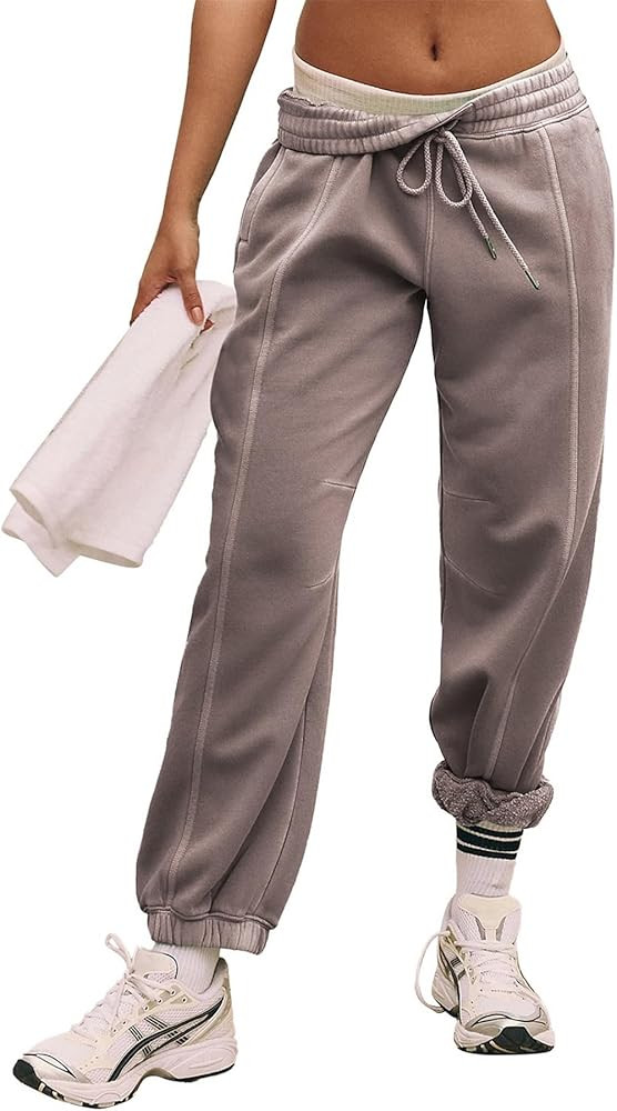 Ainangua Vintage Fleece Lined Sweatpants Women Winter Warm Wide Leg Acid Wash High Waisted Jogger... | Amazon (US)