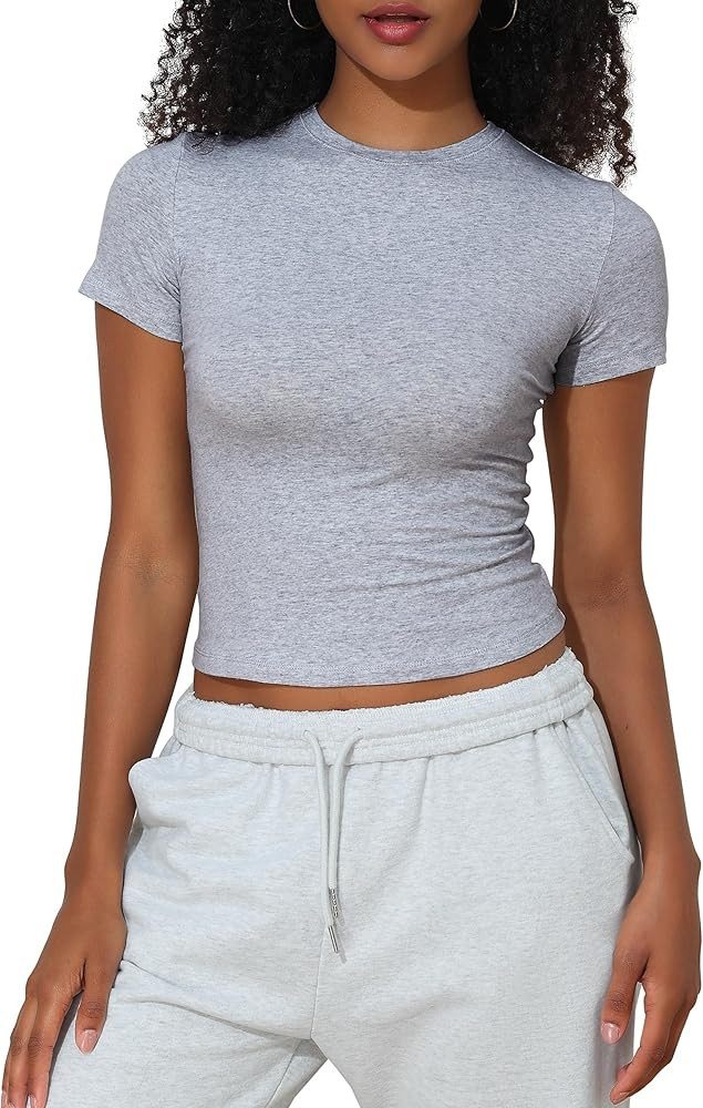 kayamiya Women's Basic Short Sleeve Cotton Shirts Slim Fit Crewneck Summer Trendy Y2k Baby Tee Cr... | Amazon (US)