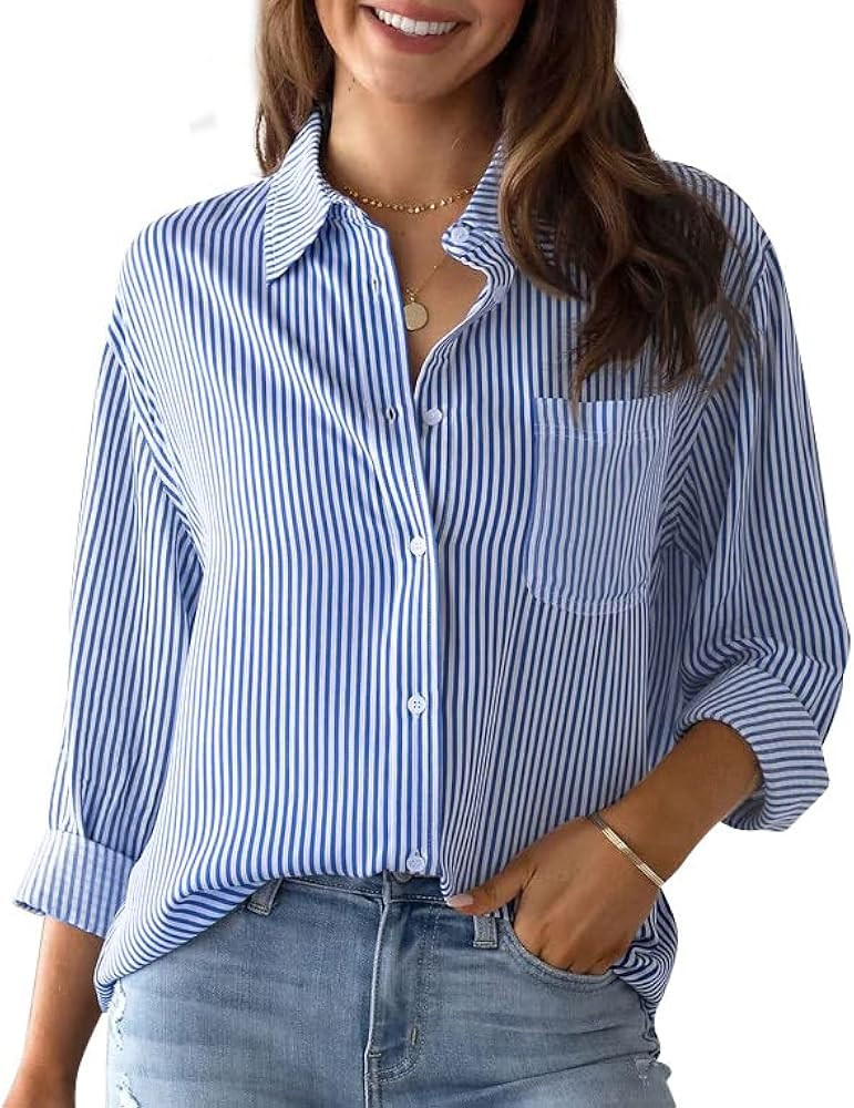 Women's Striped Button Down Shirts: Long Sleeve Office Casual Business Blouses with Pocket | Amazon (US)