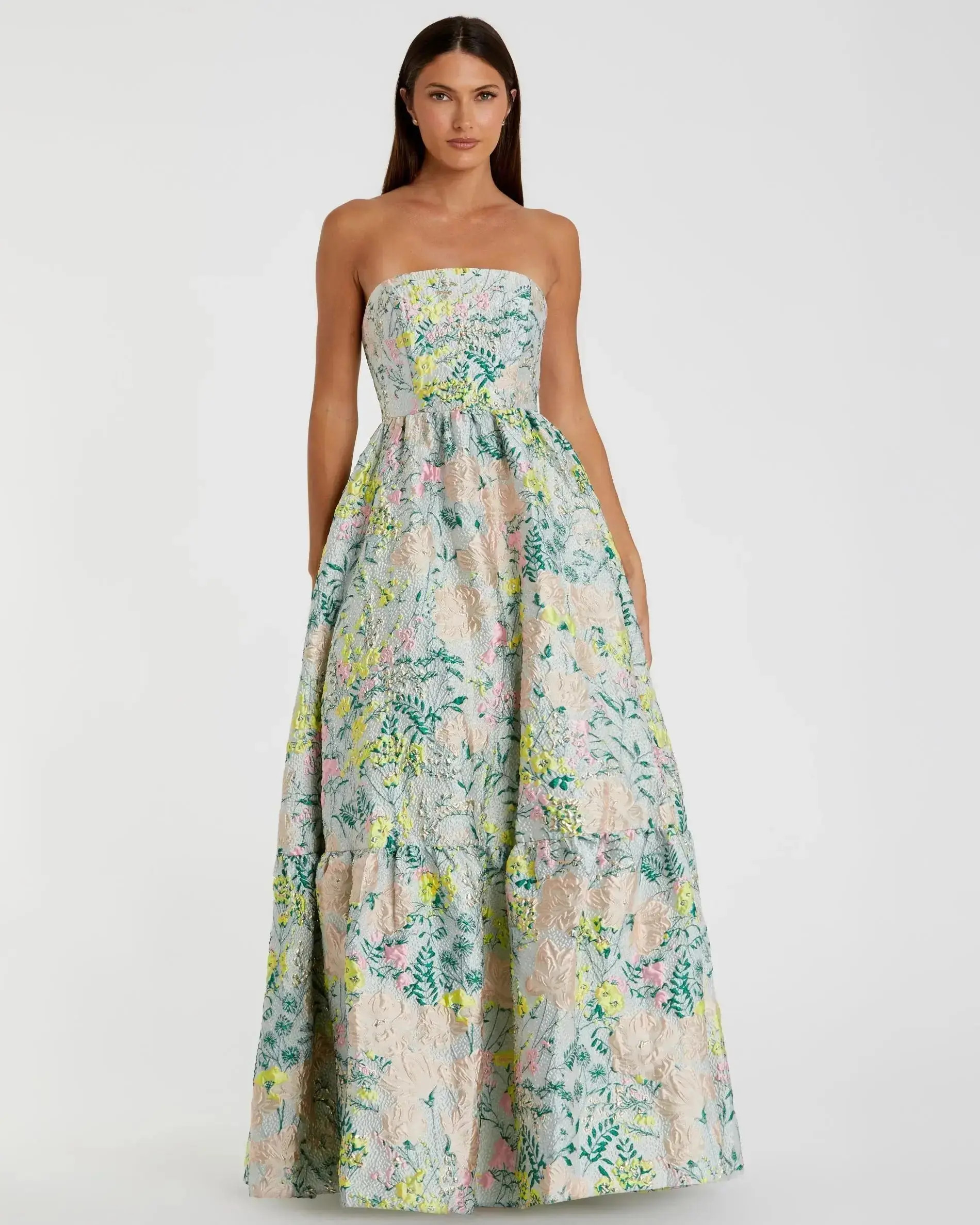 Petite Multicolor Strapless Floral Brocade A-Line Gown | Mac Duggal | Mac Duggal