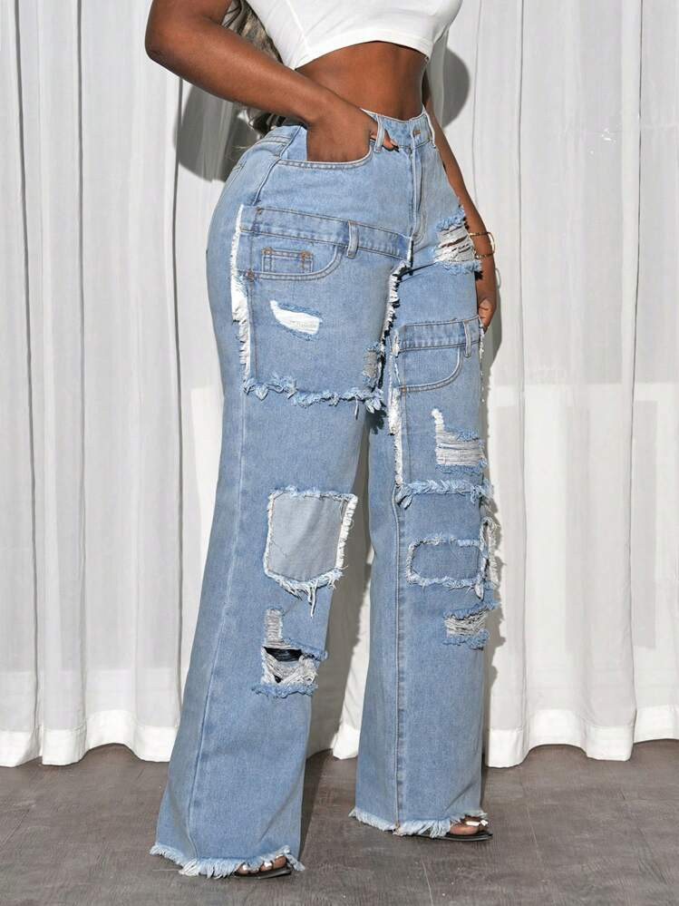 Slaydiva Women Front Button Ripped Pocket Simple Casual Denim Jeans, Everyday Wear | SHEIN
