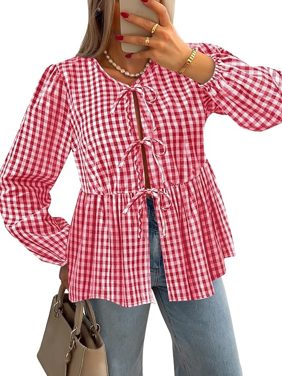 MEROKEETY Women's 2024 Tie Front Plaid Blouse Shirt Cute Puff Long Sleeve Crewneck Button Y2K Ruf... | Amazon (US)