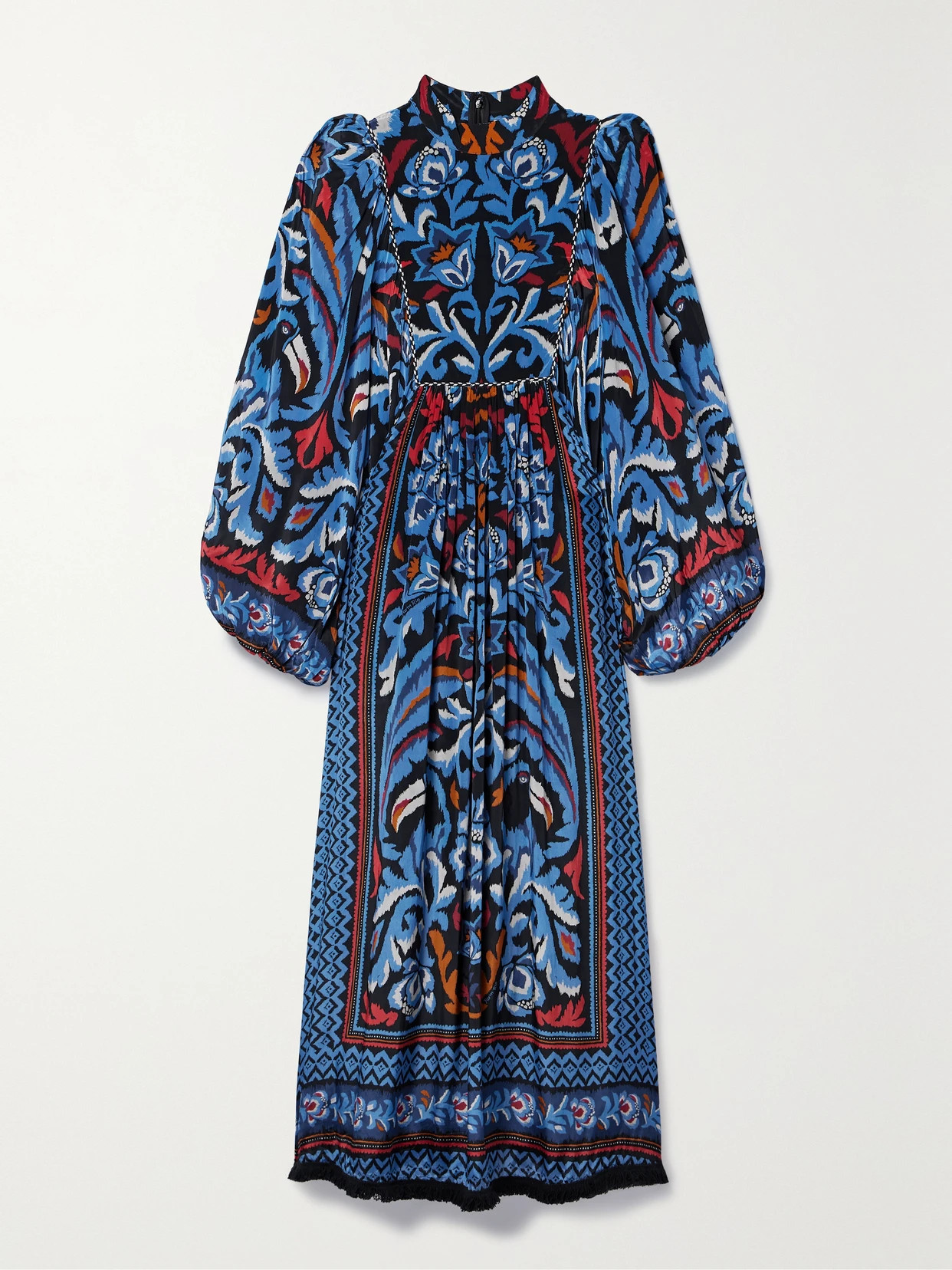 Farm Rio - Fringed Gathered Printed Satin Maxi Dress - Multi | NET-A-PORTER (US)