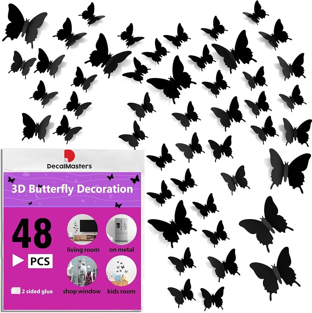 DecalMasters 48pcs Black 3D Butterfly Wall Decals - 3 Sizes Butterflies Décor for Wall Removable... | Amazon (CA)