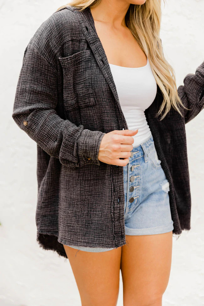 It's Not Over Black Acid Washed Gauze Button Front Blouse | Pink Lily