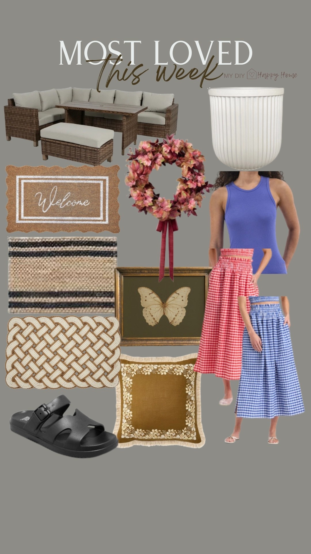 This weeks most loved 

Outdoor entertaining set
Fluted resin planter 
Outdoor doormats 
Wreath
Butterfly print 
Throw Pillow 
Racerback tank- just $3.98
Gingham skirt- 2 colors
Sandals 

#LTKSummerEdit #LTKHome #LTKSeasonal