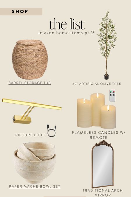 Amazon home: storage basket, olive tree, picture light, remote candles, paper mache set, arch mirror

#LTKhome