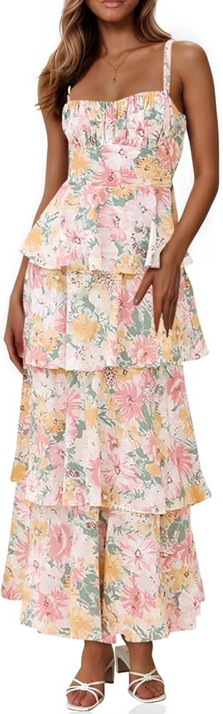 Wenrine Womens Summer Floral Maxi Dresses Sleeveless Spaghetti Strap Tie Back Ruffle Tiered Flowy... | Amazon (US)