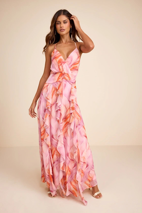 Astraea Lilac and Orange Abstract Surplice Ruffled Maxi Dress | Lulus