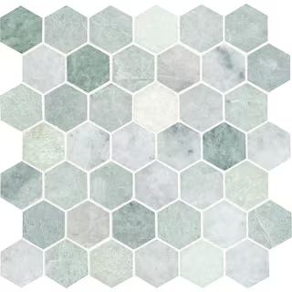 Icelandic Green Hexagon 12 in. x 11.81 in. x 10 mm Polished Marble Mesh-Mounted Mosaic Wall Tile ... | The Home Depot