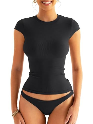 EasyGala Womens Cap Sleeve Tops Summer Crew Neck Short Sleeve Shirts Slim Fit Basic Ribbed Tees Y... | Amazon (US)