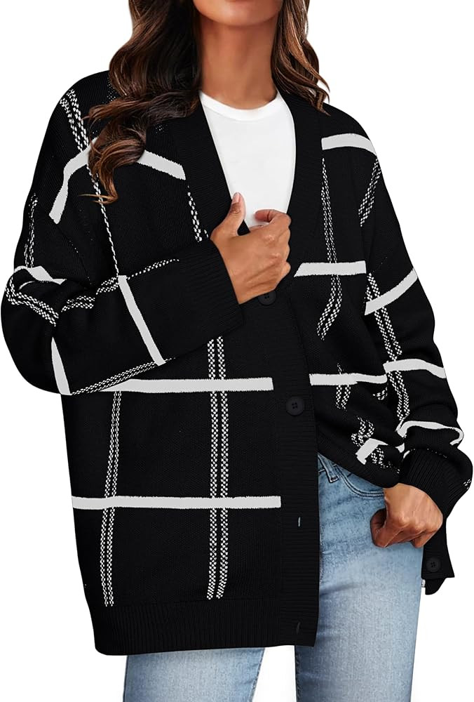 GRACE KARIN Womens 2024 Fall Cardigan Loose Plaid Button Sweater Cardigan Outfit | Amazon (US)