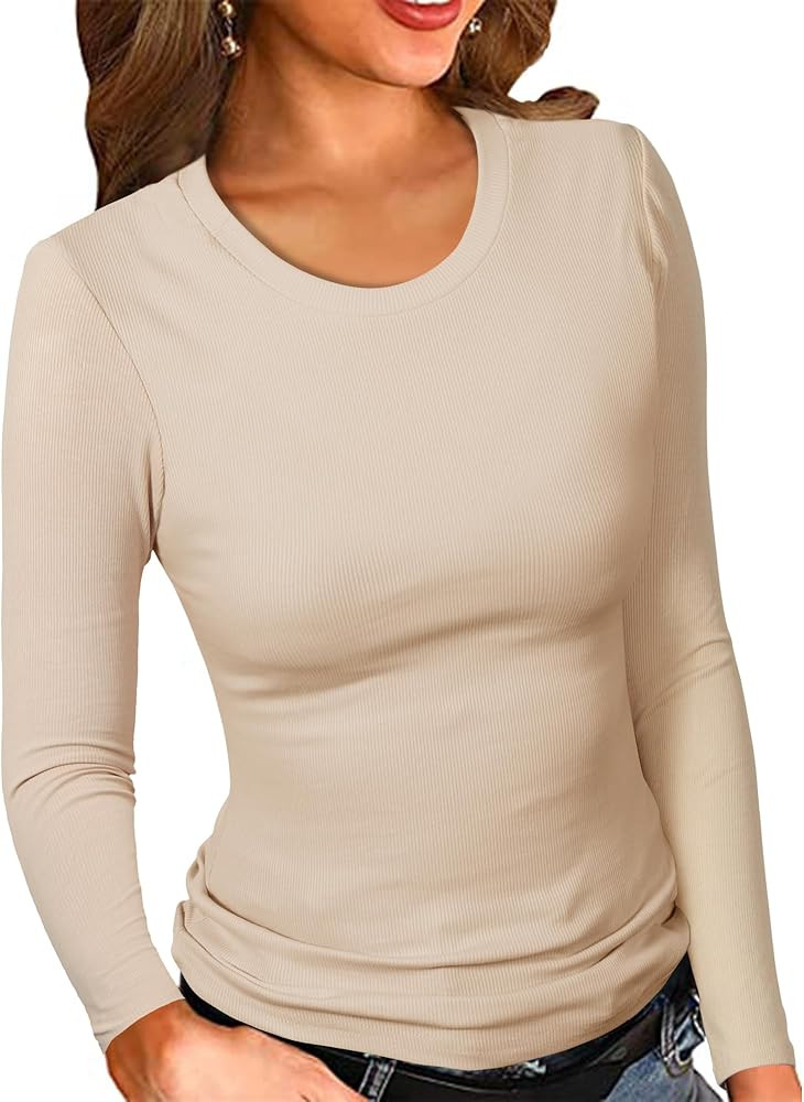 PALINDA Womne's Ribbed Round Neck Slim Fitted T Shirts Basic Solid Long Sleeve Layering Tee Tops | Amazon (US)