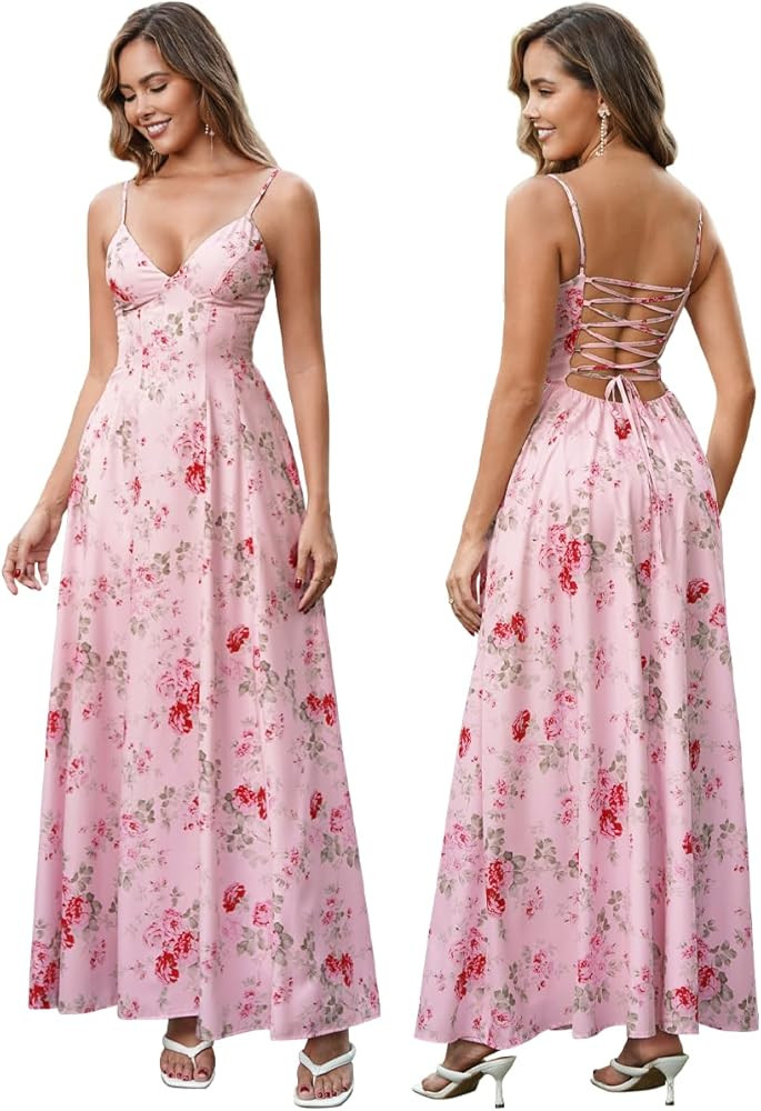 Summer Floral Maxi Dress Boho Spaghetti Strap Lace Up V Neck Flowy A Line Beach Vacation Long Dre... | Amazon (US)