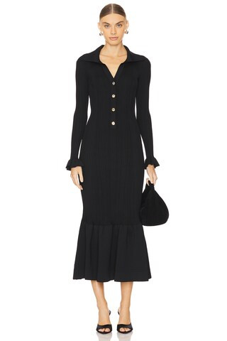 self-portrait Ribbed Knit Fluted Midi Dress in Black from Revolve.com | Revolve Clothing (Global)