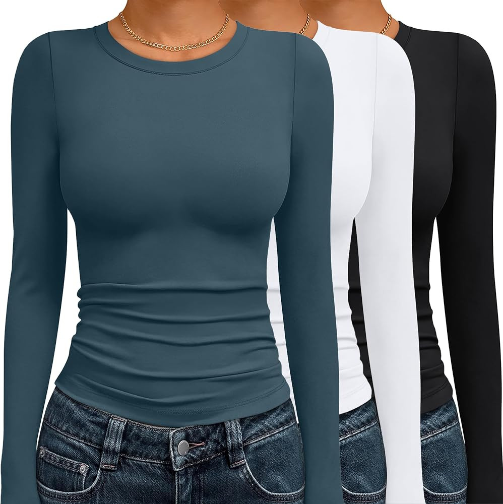 AUTOMET 3 Pack Womens Long Sleeve Basic Shirts Underscrub Compression Tops | Amazon (US)
