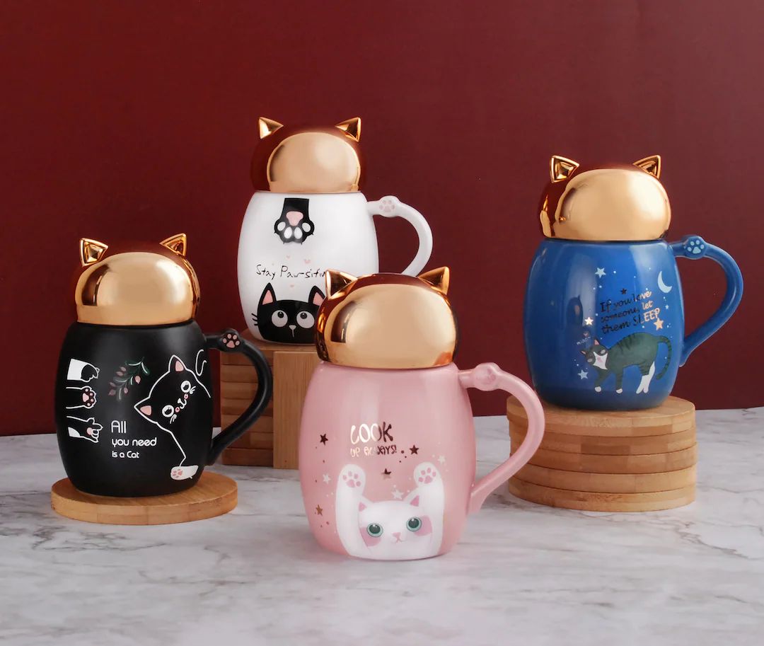 Adorable Cat Kitten Maneki Neko Shaped Ceramic Mugs 12 fl oz Mug with Lid | Etsy (US)