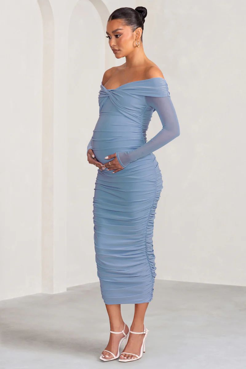 Neva | Powder Blue Bardot Twist Maternity Midi Dress | Club L London