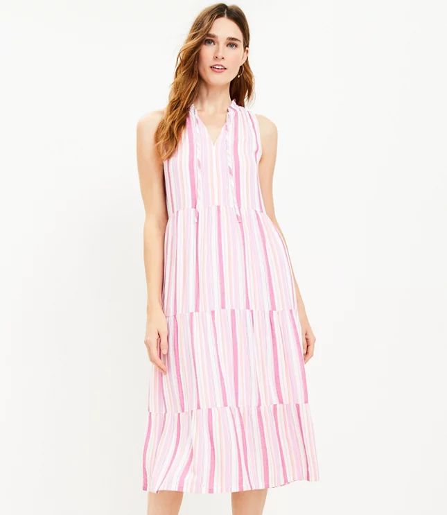 Striped Tiered Tie Neck Midi Dress | LOFT