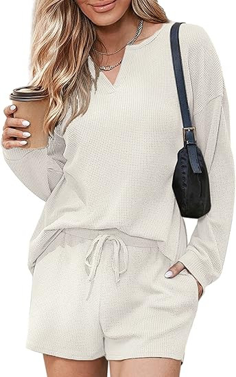 Ekouaer Womens Waffle Knit Pajamas Lounge Set Long Sleeve Top and Shorts 2 Piece Loungewear with ... | Amazon (US)