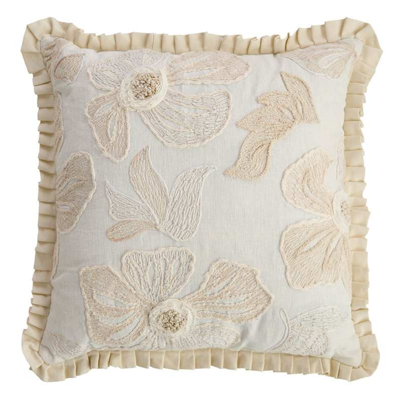 Ivory Cotton Linen Embroidered Floral Throw Pillow, 20" | At Home