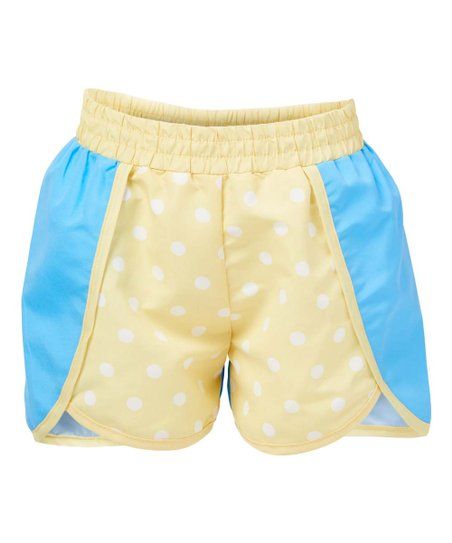 Blue & Light Yellow Polka Dot Dolphin-Hem Swim Shorts - Girls | Zulily