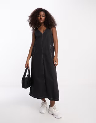 Pieces v-neck cargo midi dress in black with contrast stitching | ASOS (Global)