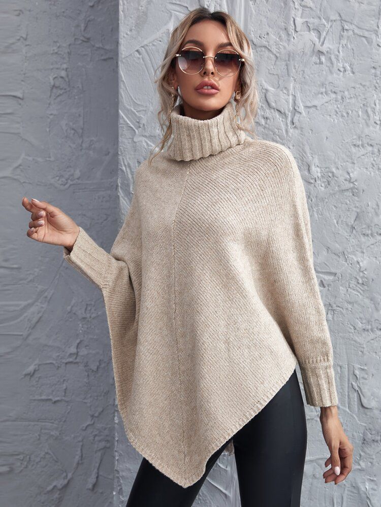 Turtleneck Asymmetrical Hem Poncho Sweater | SHEIN