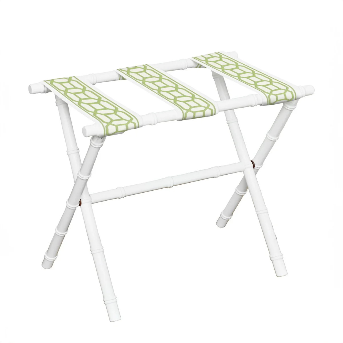 White Bamboo Inspired Wood Luggage Rack with Green Garden Gate 3" Trim | The Well Appointed House, LLC