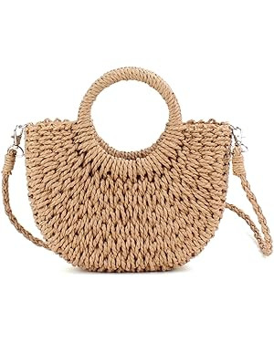 Mini Semi-circle Rattan Straw Bag, Hand-woven Women Summer Retro Beach Tote Shoulder Bag Crossbod... | Amazon (US)
