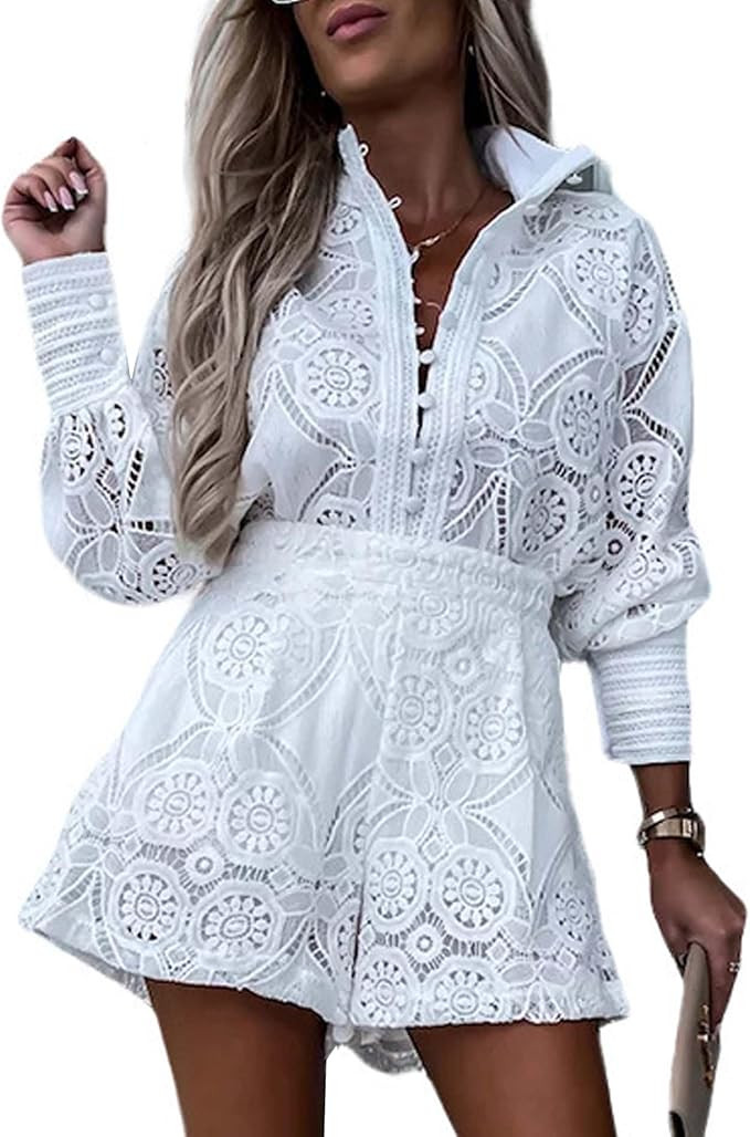 SOMTHRON Women's Summer Eyelet Lace Two Piece Outfits Long Sleeve Blouse Tops Shorts Floral Embro... | Amazon (US)