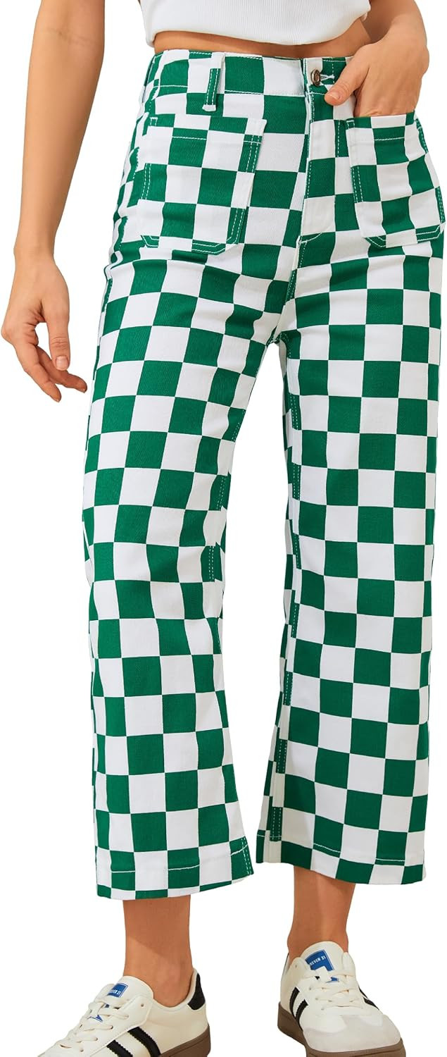 Cropped Jeans for Women Checkered Pants Casual High Waisted Stretchy Straight Leg Trousers with Pockets | Amazon (US)