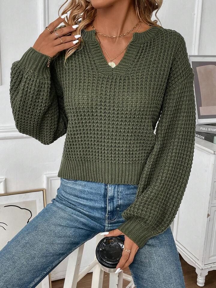 SHEIN Frenchy Notched Neckline Drop Shoulder Sweater | SHEIN
