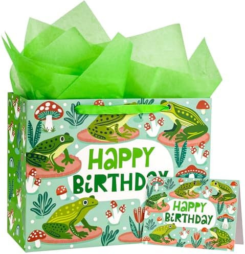 WRAPAHOLIC Frog Birthday Gift Bags with Tissue Paper and Card - 10 x 5 x 13 inch - Cute Frog Life... | Amazon (US)