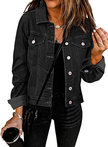 GRAPENT Women's Casual Basic Button Down Long Sleeve Stretchy Jean Trucker Denim Jacket with Pockets for Women Petite Color Vintage Black X-Small Size 0 Size 2 | Amazon (US)