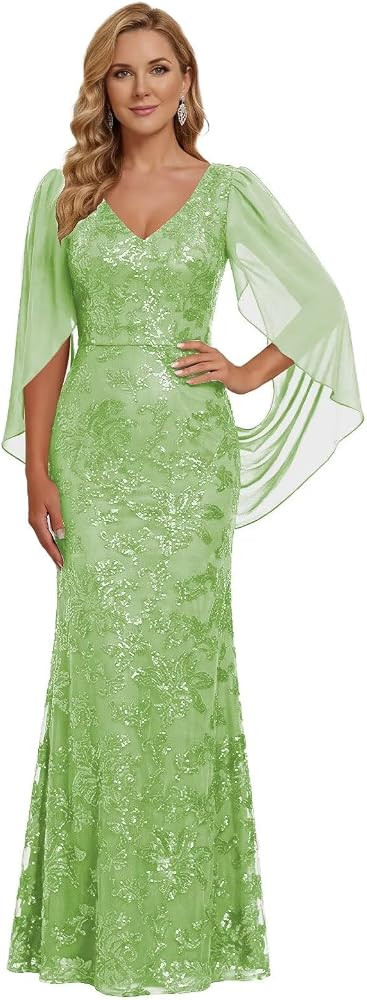 Sequin Mother of The Bride Dresses V Neck Mermaid Long Formal Evening Gowns with Cape Sleeves IMR039 | Amazon (US)