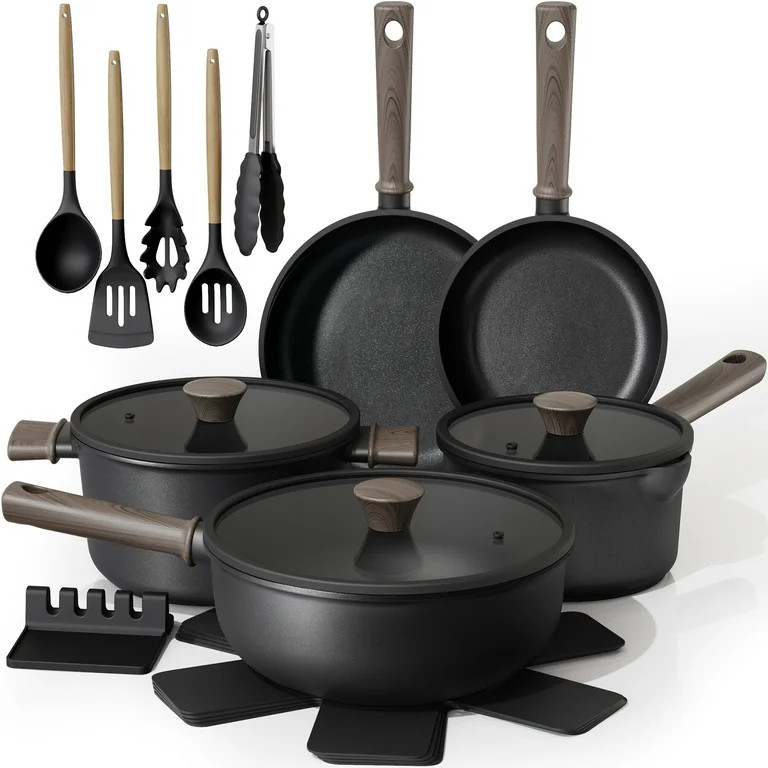 Astercook 18-Piece Pots and Pans Set, Nonstick Cookware Set with Elegant Wooden Handle, Oven Safe... | Walmart (US)