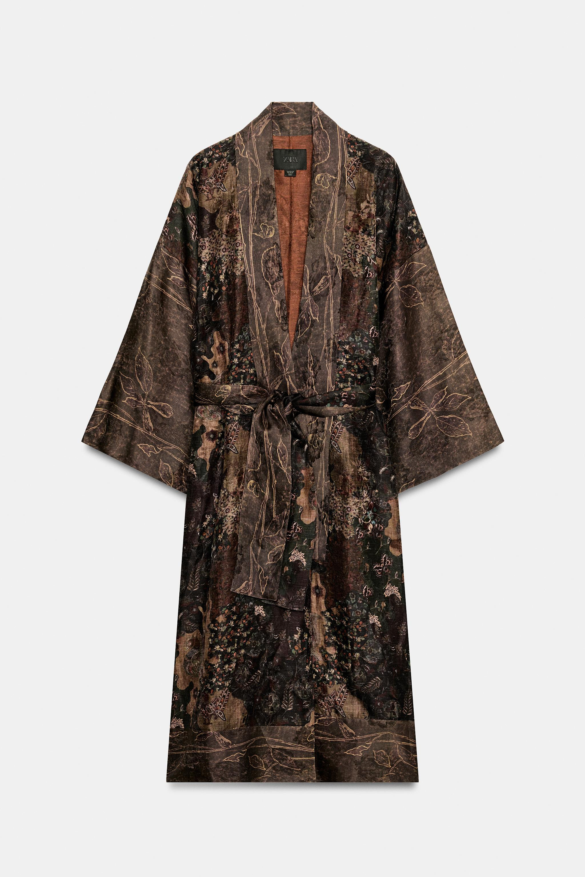 LINEN BLEND JACQUARD LONG KIMONO | Zara US
