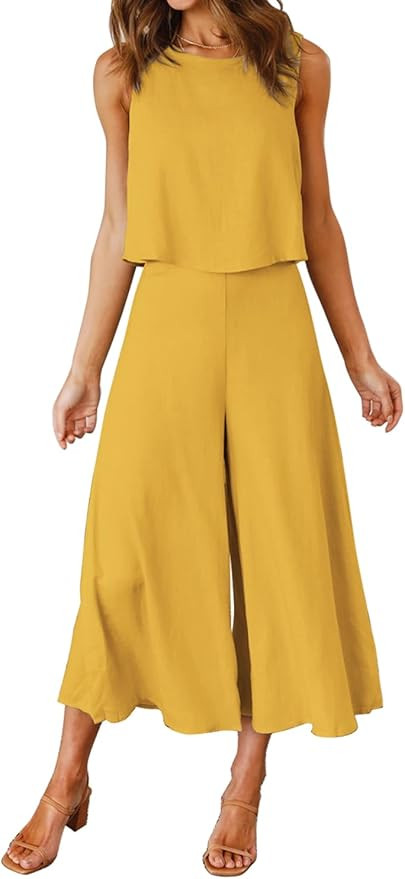 ROYLAMP Women's Summer 2 Piece Outfits Round Neck Crop Basic Top Cropped Wide Leg Pants Set Jumps... | Amazon (US)