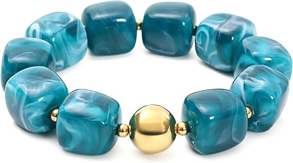Beaded Bracelets for Women Chunky Cube Marble Pattern Acrylic Stretch Bracelet with Gold Bead Acc... | Amazon (US)