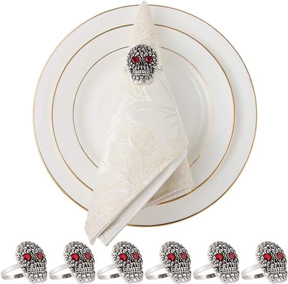 Set of 6 Halloween Napkin Rings- Silver Napkin Holder Rings Buckles Designed with Skulls Red Hear... | Amazon (US)
