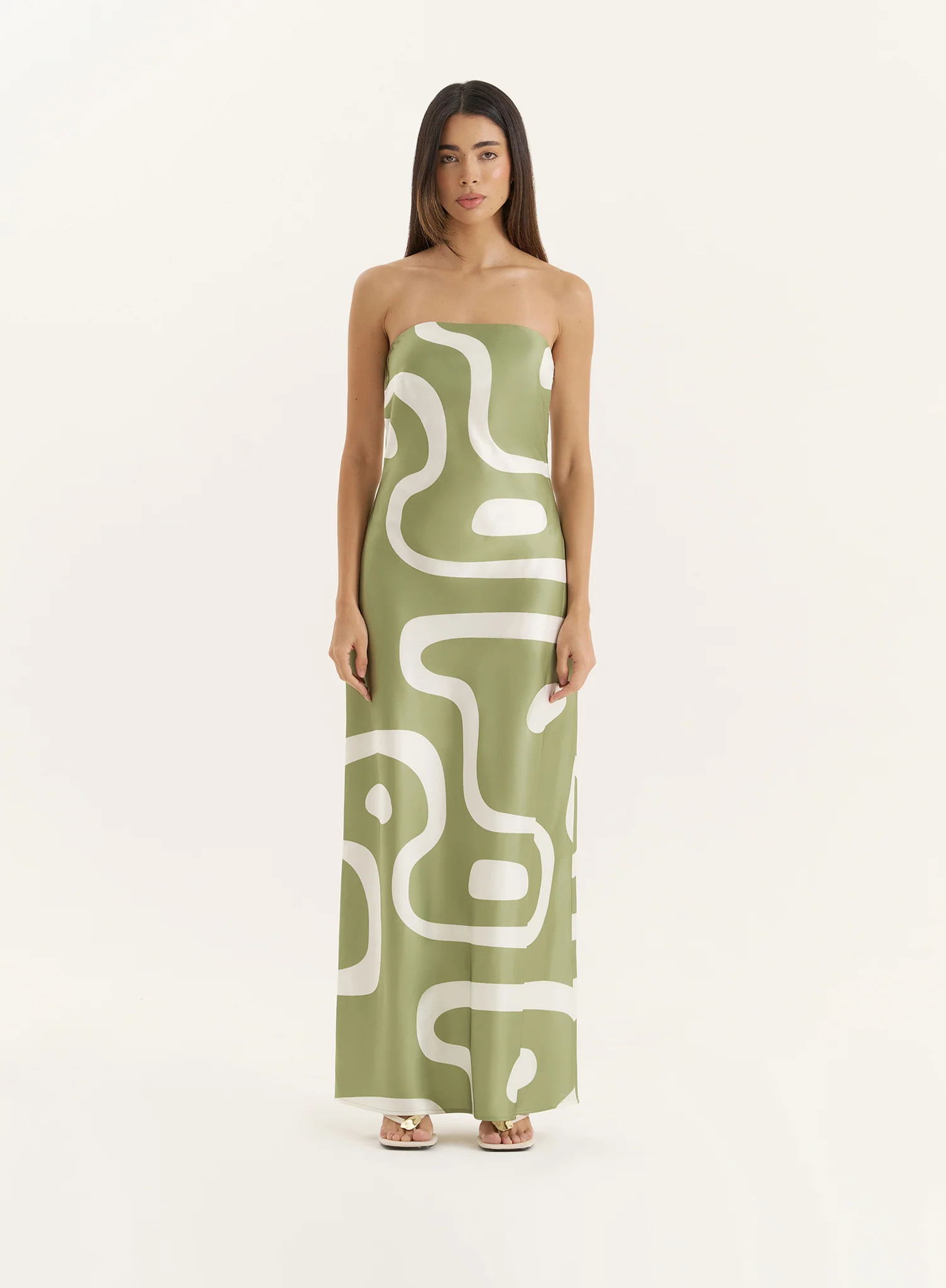 Green Abstract Print Bandeau Satin Maxi Dress- Shona | 4th & Reckless