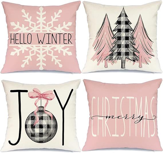 Christmas Pillow Covers 18x18 Set of 4 for Christmas Decorations Buffalo Plaid Christmas Tree Joy... | Amazon (US)