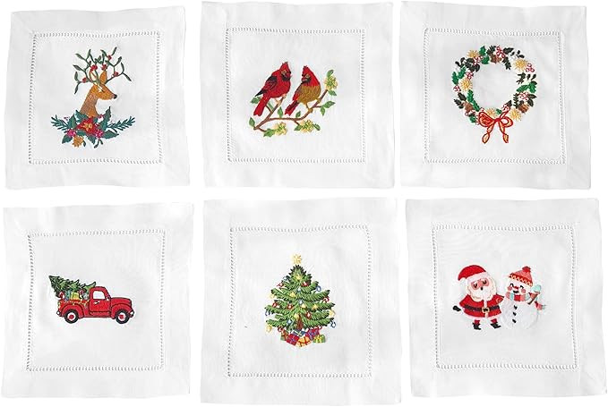 Embroidered White Cocktail Napkins 6"x6" Set of 6 Cloth Napkin Coasters, Christmas Embroidered Co... | Amazon (US)