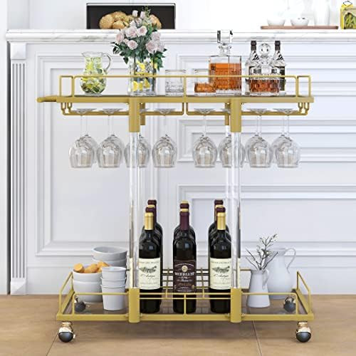 O&K FURNITURE Gold Bar Cart with Wine Rack & Glass Holder, Acrylic Bar Serving Cart on Wheels, Mo... | Amazon (US)