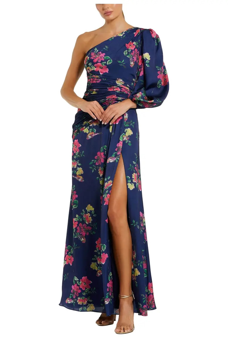 Floral One-Sleeve Charmeuse Gown with Slit | Nordstrom
