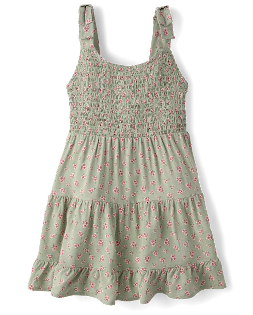 Girls Floral Smocked Bow Shoulder Dress - green | The Children's Place
